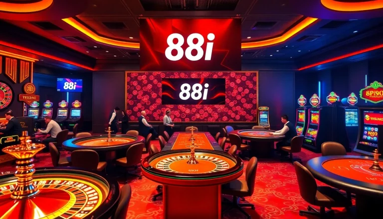 Engaging players at a glamorous casino setup featuring the 88i logo, vibrant lighting, and dynamic gaming elements.