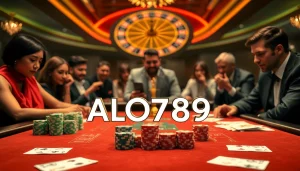 Gambling action with ALO789 logo showcased on a luxurious casino table.