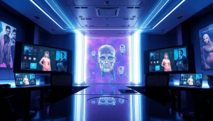 Engaging scene of a futuristic workspace using nsfw ai chatbots, showcasing advanced technology and character interactions.