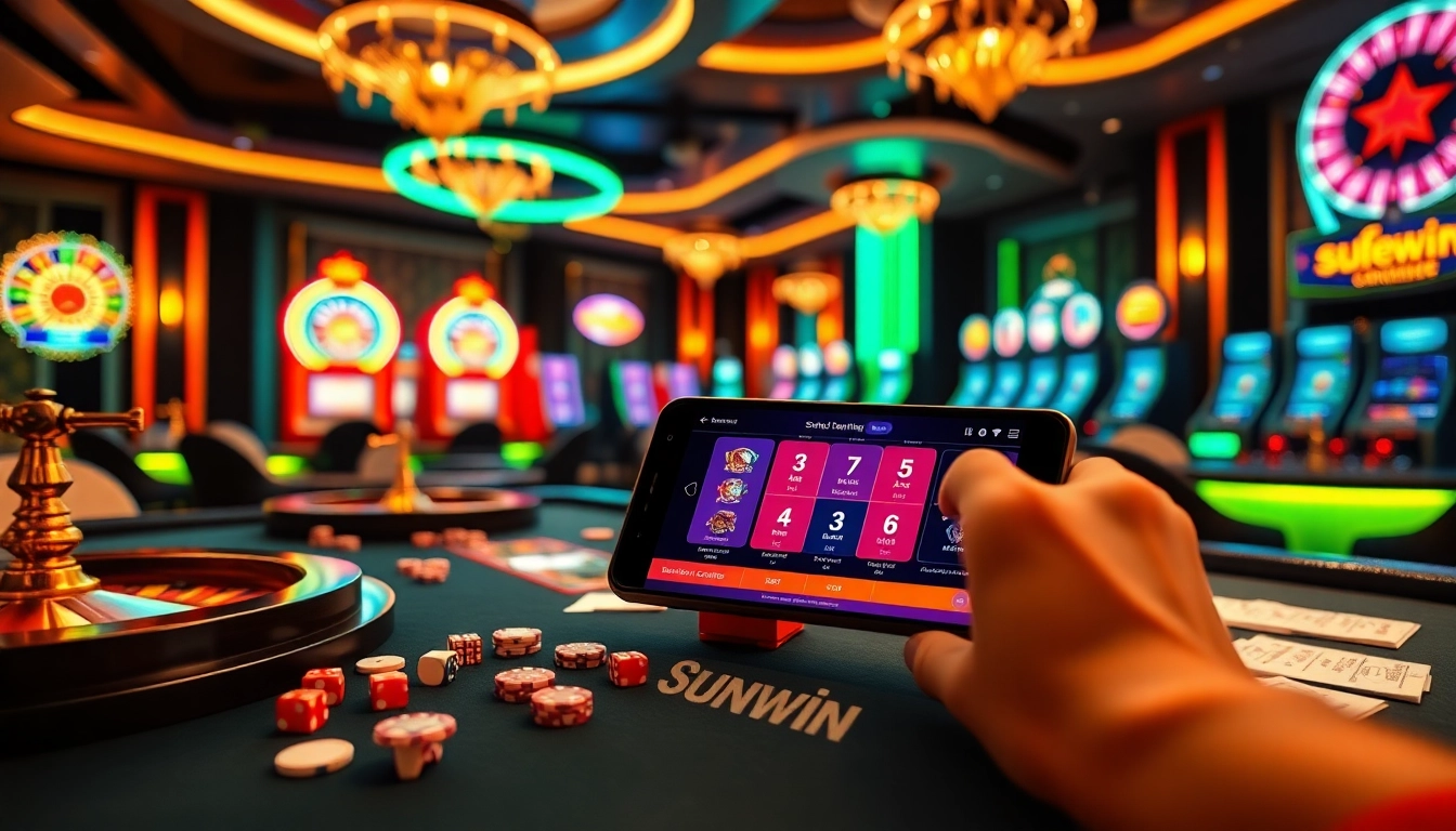 Engaging player enjoying gaming at Sunwin casino, surrounded by poker tables and vibrant slot machines.