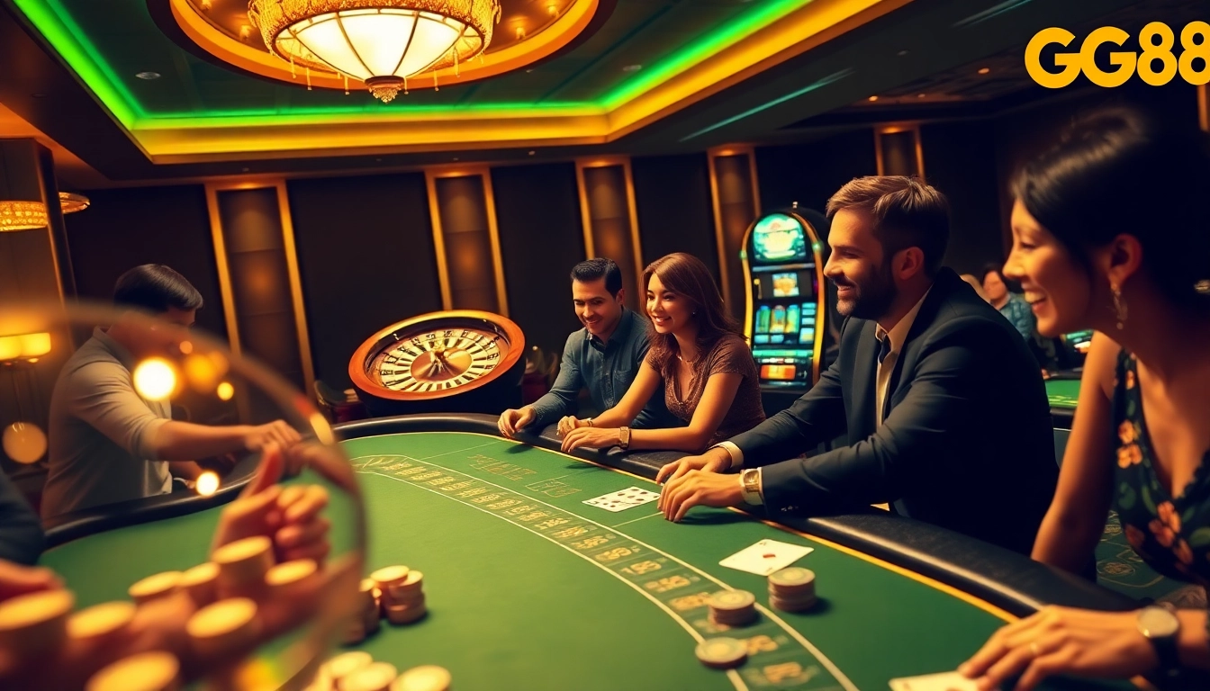 Players enjoying a thrilling game at GG88 casino with vibrant tables and elegant decor.