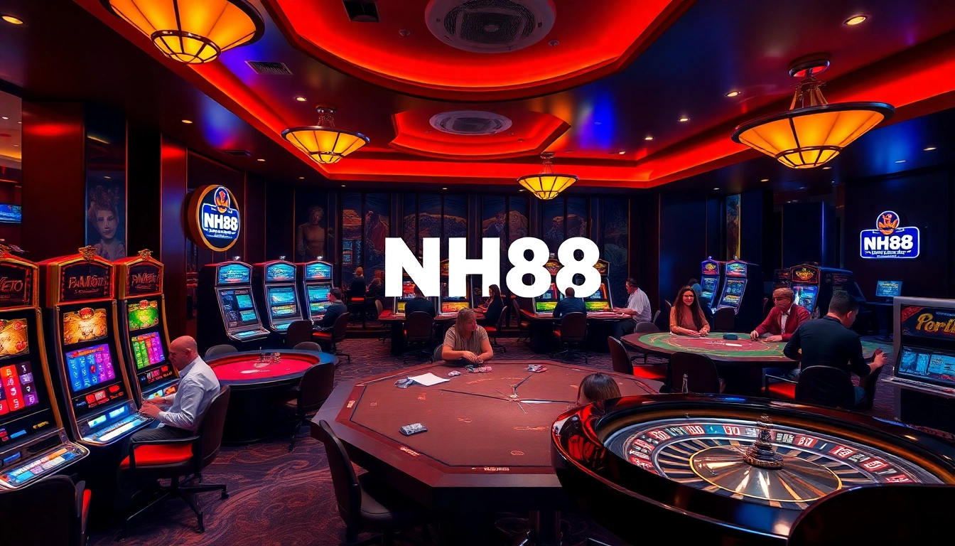 Gambling scene at NH88 casino with vibrant slot machines and poker tables.
