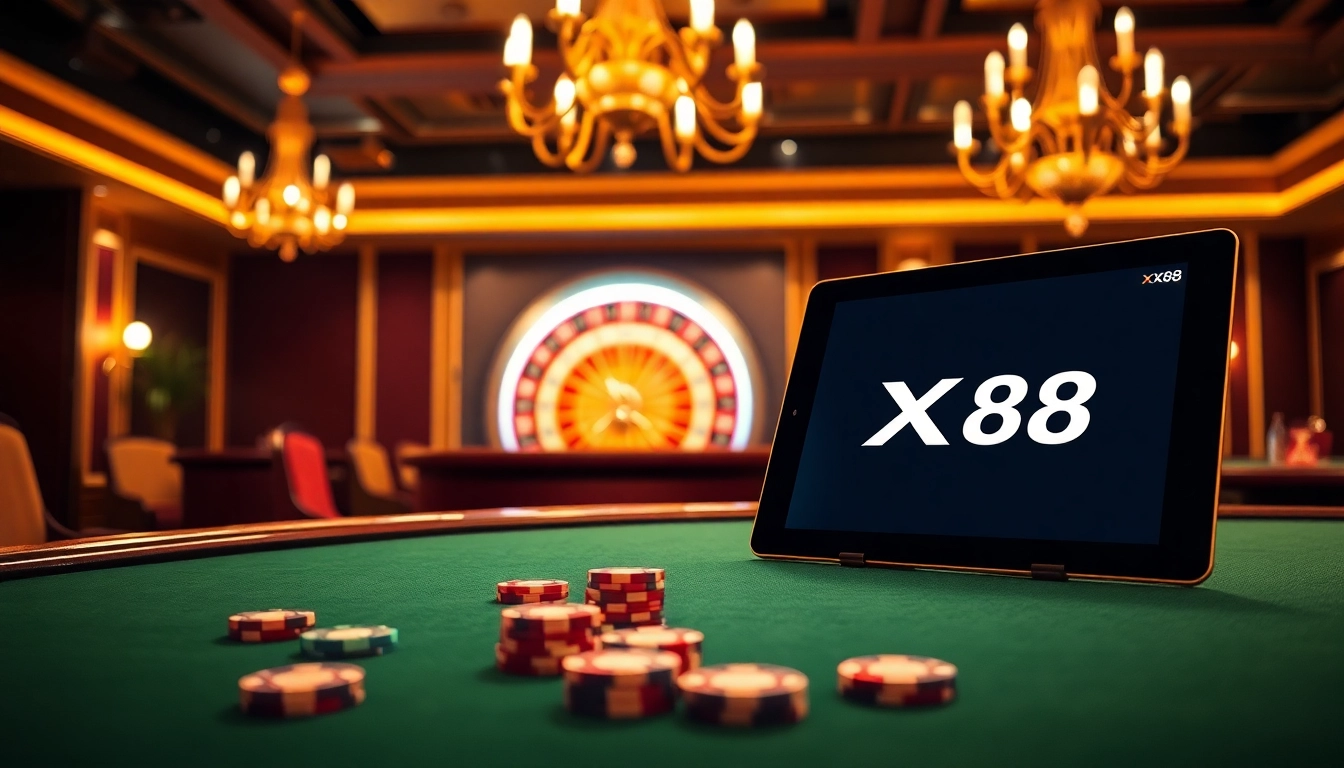X88 gaming excitement with luxury poker tables and a glowing roulette wheel.