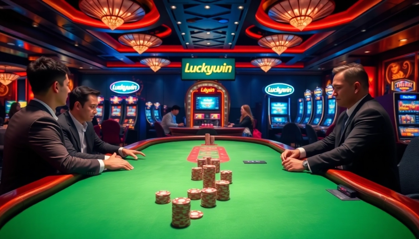 Players enjoying poker at Luckywin casino with vibrant chips and digital displays.