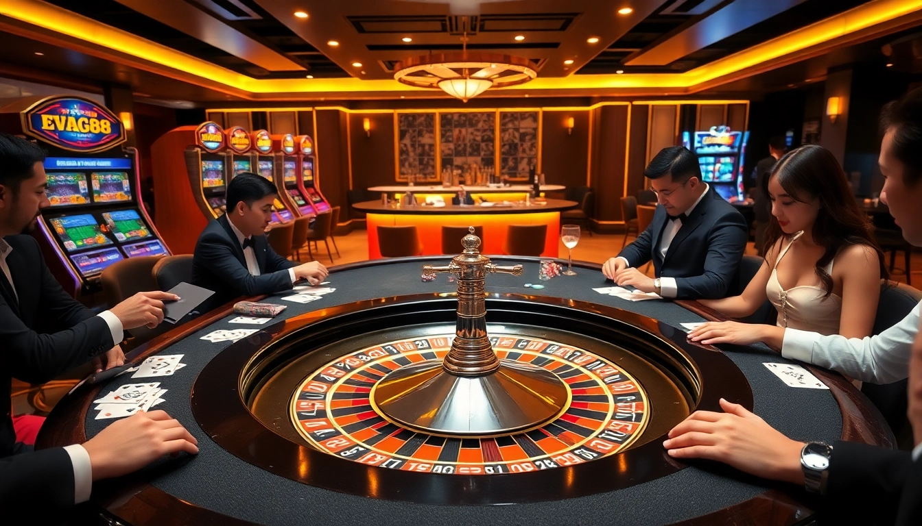 Players enjoying an exciting game at the EV88 casino, featuring roulette and poker.