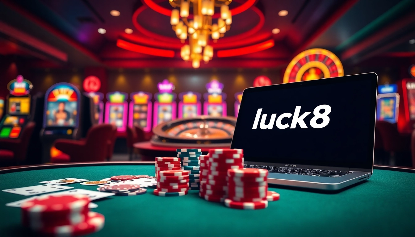 Exciting gaming scene showcasing link luck8 with poker chips and slot machines.