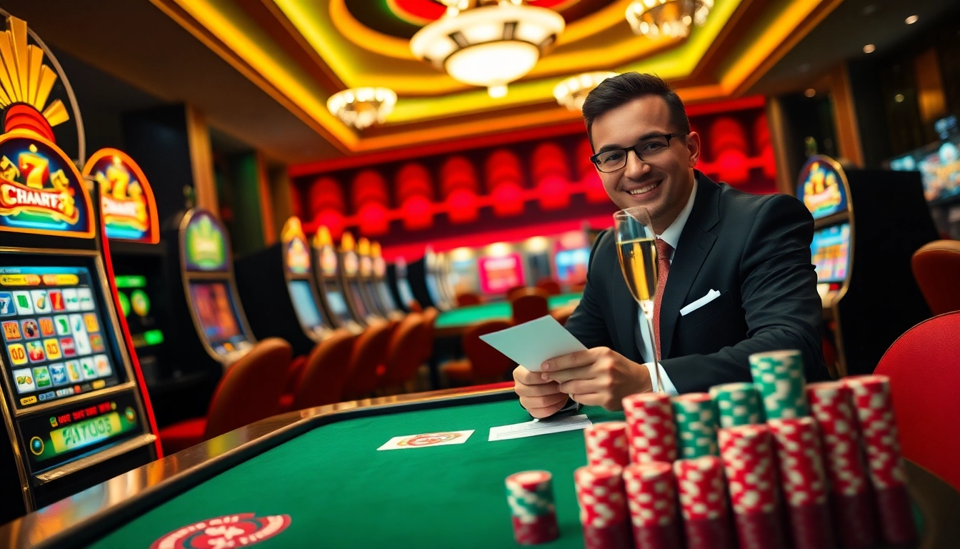 A professional gambler enjoying no hu slot machines in a vibrant casino atmosphere, surrounded by colorful chips and drinks.