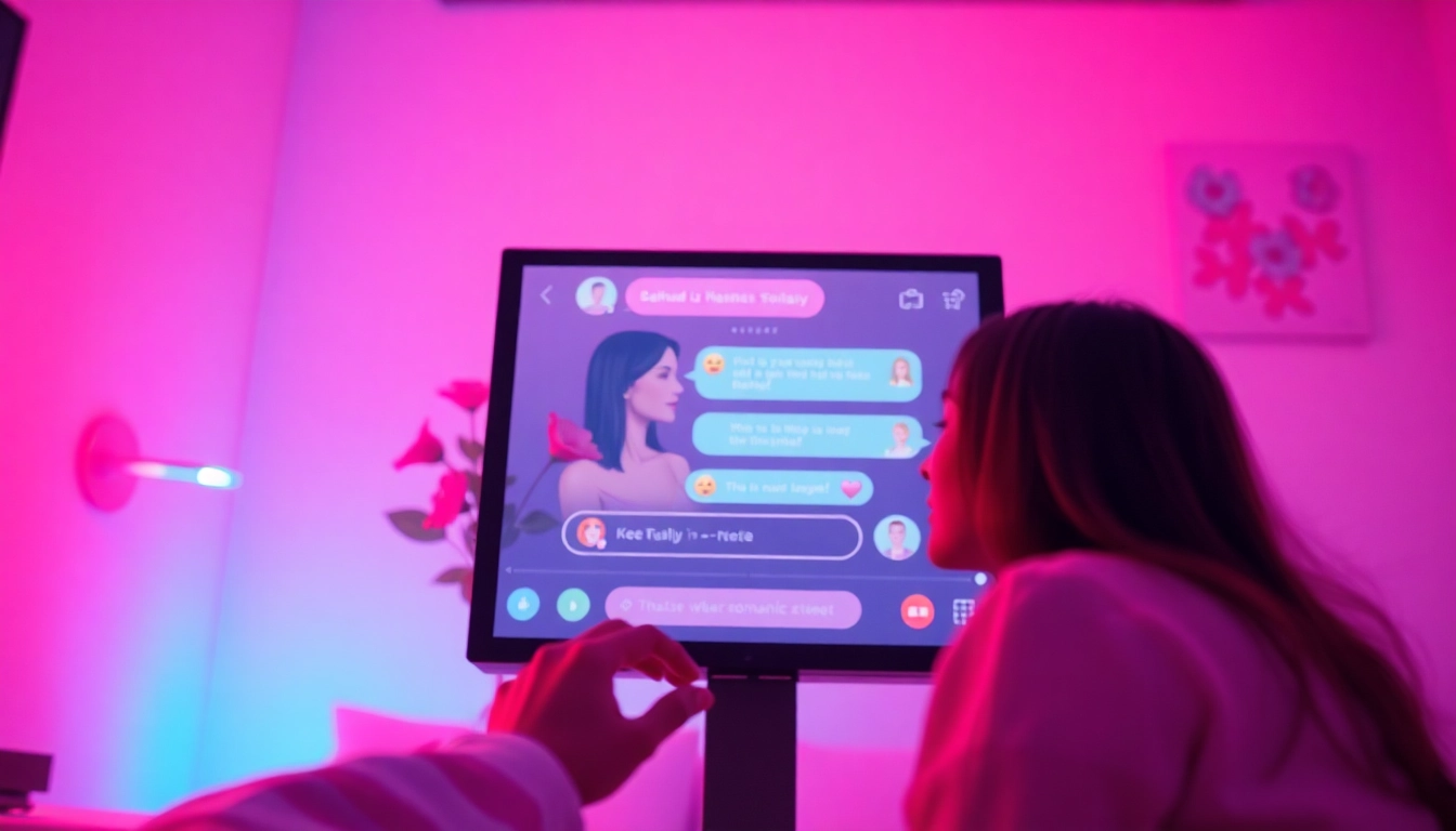 An immersive NSFW AI interface showcasing digital romance with playful emojis and personalized avatars.