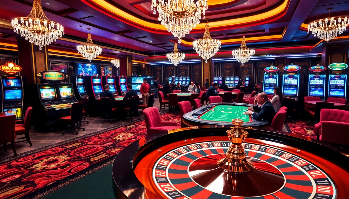 The vibrant scene at max88 showcases excitement with roulette, poker, and slot machines in a luxurious casino atmosphere.