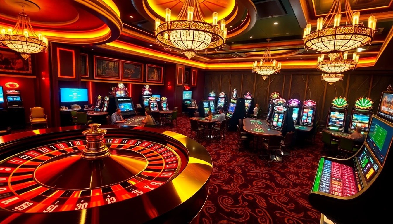 Engage in thrilling gambling action at 888vnd ATQ featuring luxurious casino tables and vibrant slot machines.