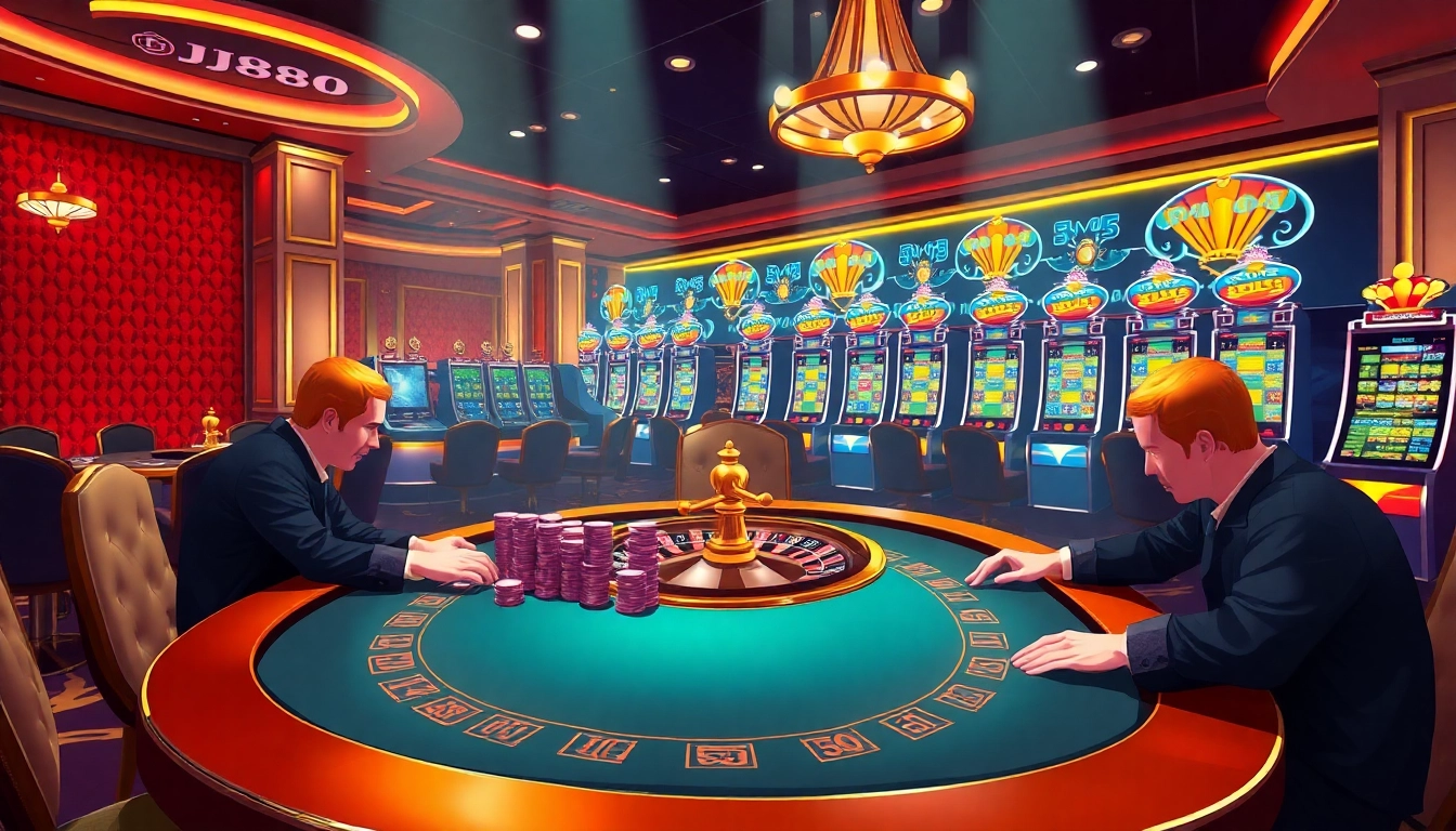 Experience the thrill of BJ88 with vibrant casino action, poker tables, and roulette excitement.