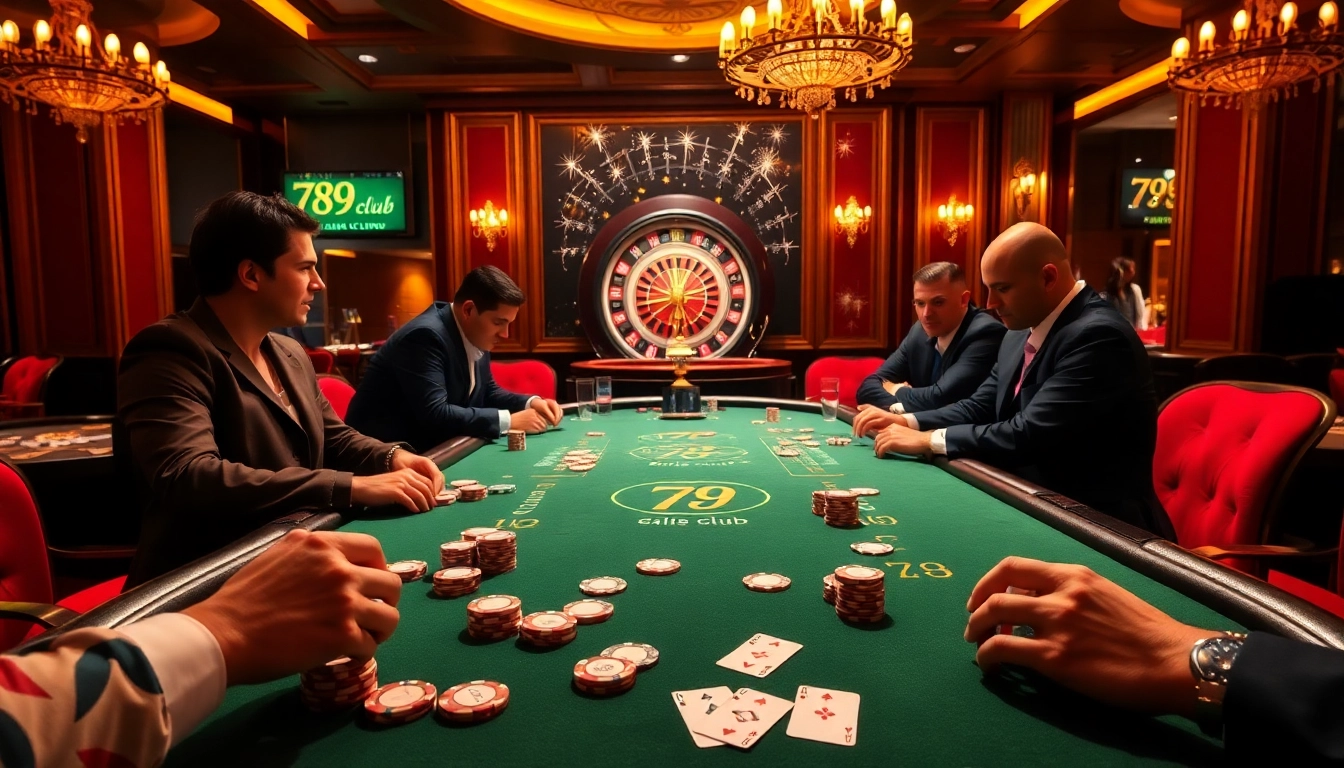 Players engaging in high-stakes games at the 789 club casino, featuring vibrant poker tables.