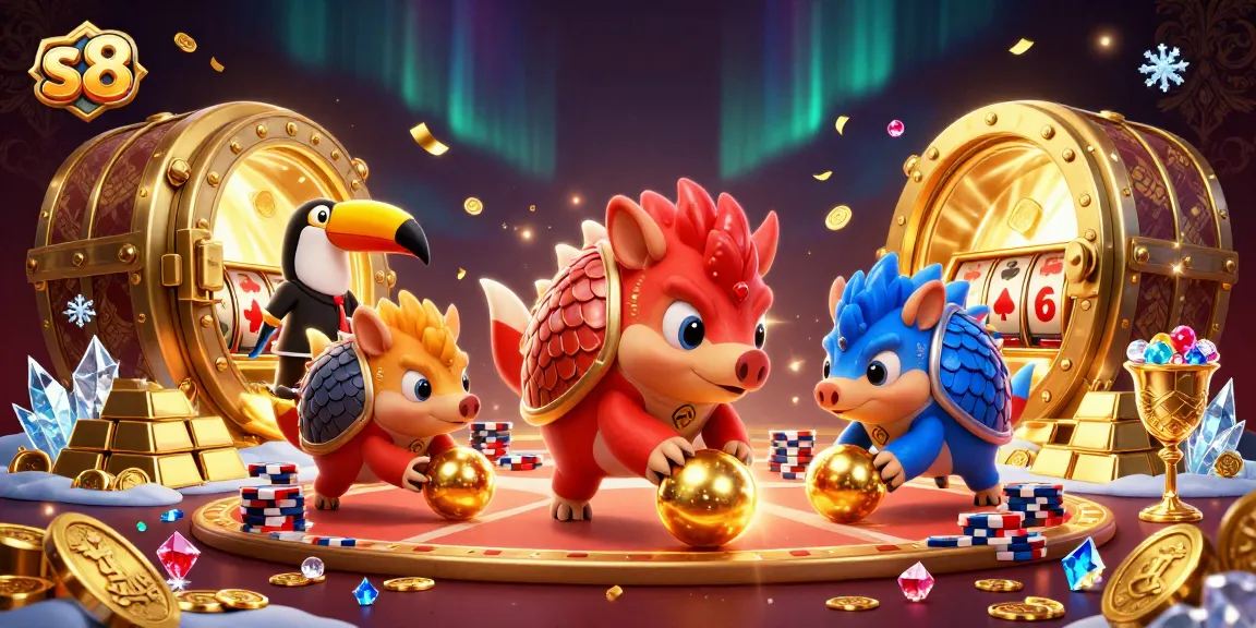 S8 pangolins bowling through poker chips in a vibrant casino atmosphere, featuring slot reels.
