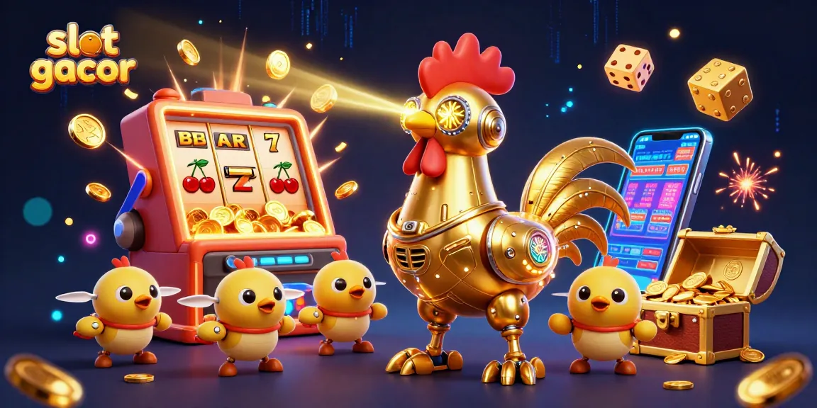 Engage with thrilling slot gacor experiences featuring a golden rooster robot and jackpot explosions.