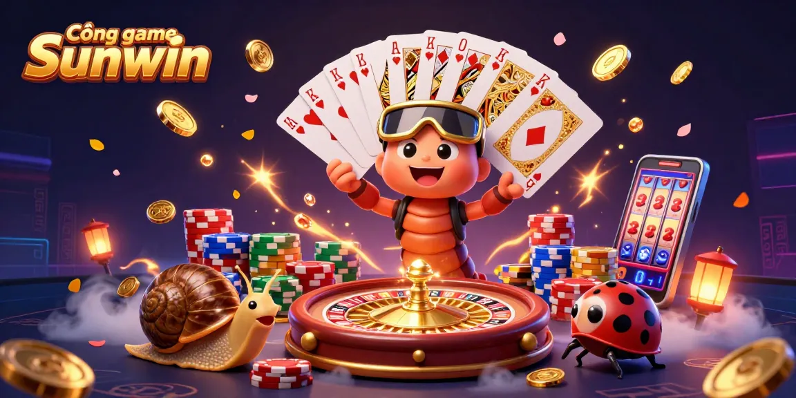 Cổng game Sunwin showcases a vibrant casino scene with a millipede dealer and high-roller snail amidst dynamic gaming elements.