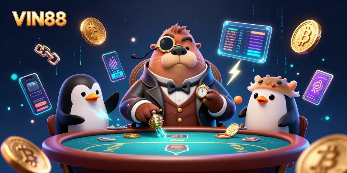 Engage with VIN88 in a vibrant underwater casino scene with a jolly walrus and sophisticated dealer.