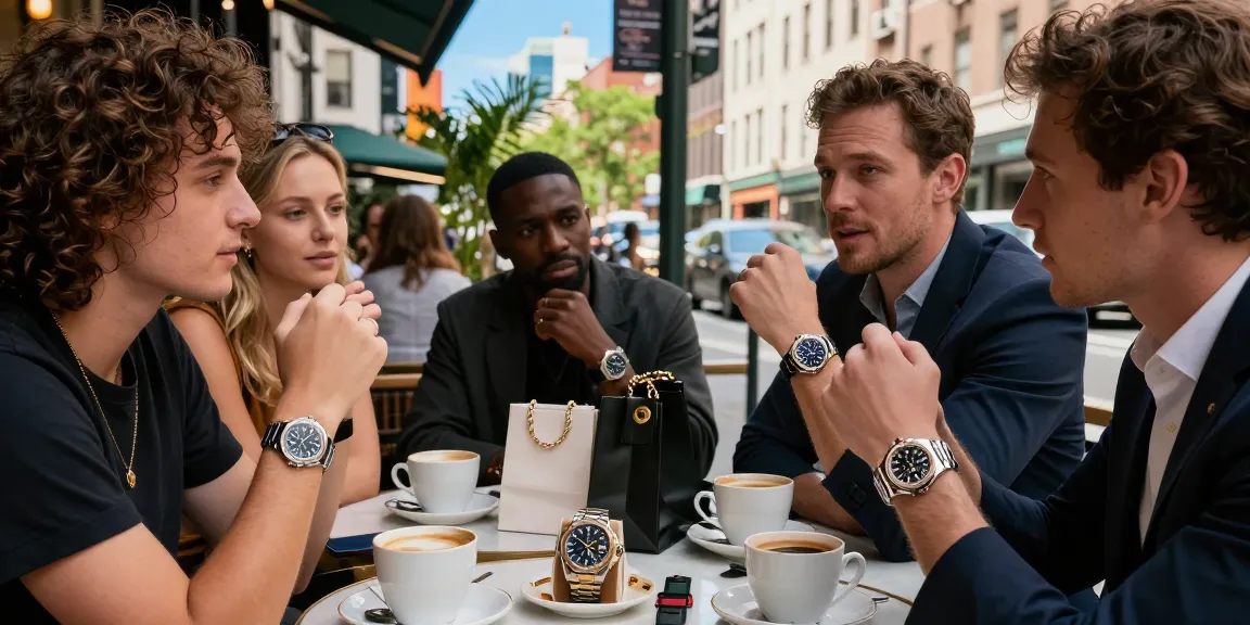Group discussing super clone watches in urban café, showcasing luxury timepieces.