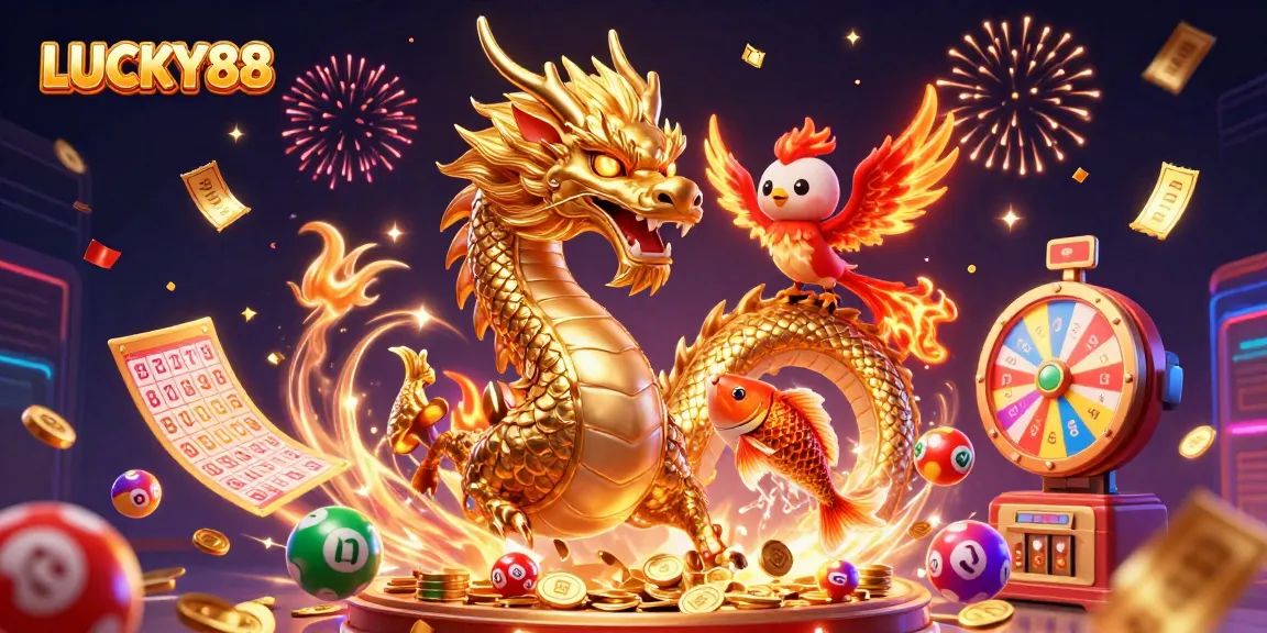 Engage with LUCKY88 and experience vibrant gaming excitement in this dynamic 3D illustration.