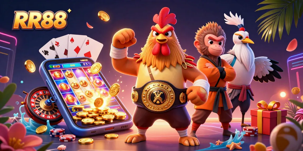 Engage in exciting gambling action at RR88 with a vibrant illustration featuring unique characters and game elements.