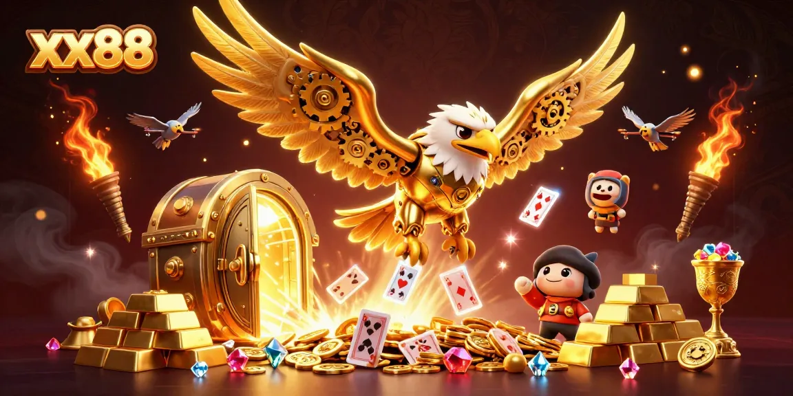 Experience winning strategies at xx88 with a vibrant 3D casino illustration full of excitement and treasures.