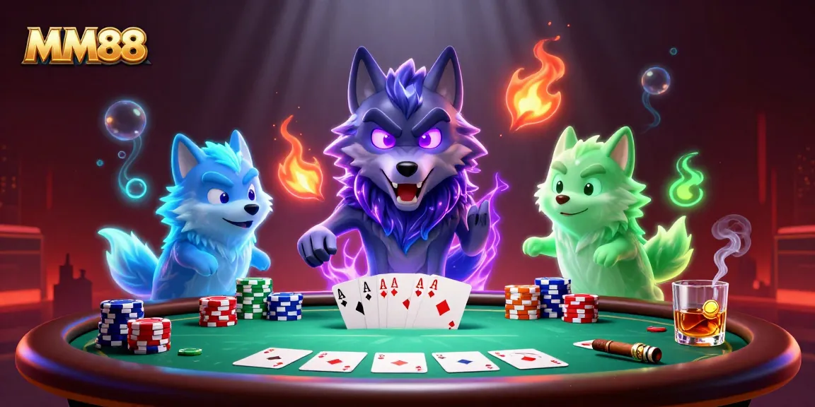 Experience the thrill of MM88 with vibrant ghostly wolves and a poker showdown.