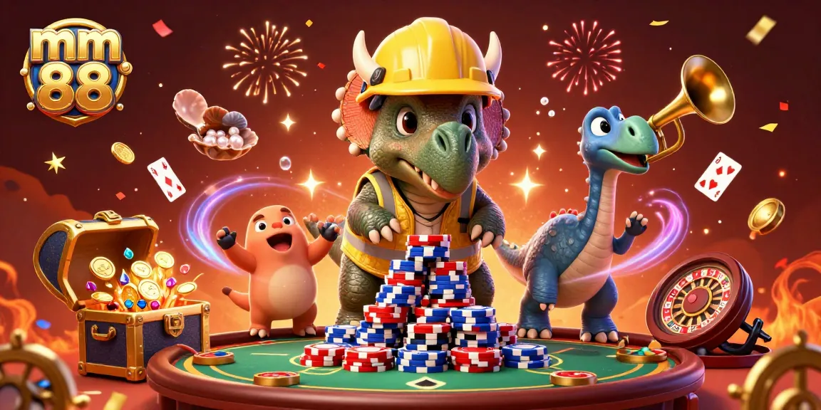 Engage with mm 88 in a vibrant casino-themed world filled with celebrate triceratops and games.