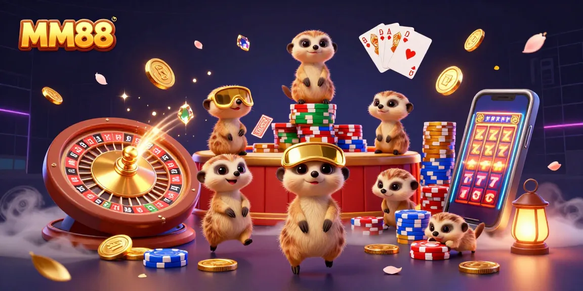 Experience exciting gameplay at MM88 with meerkats managing the casino operations amidst dazzling chips and coins.