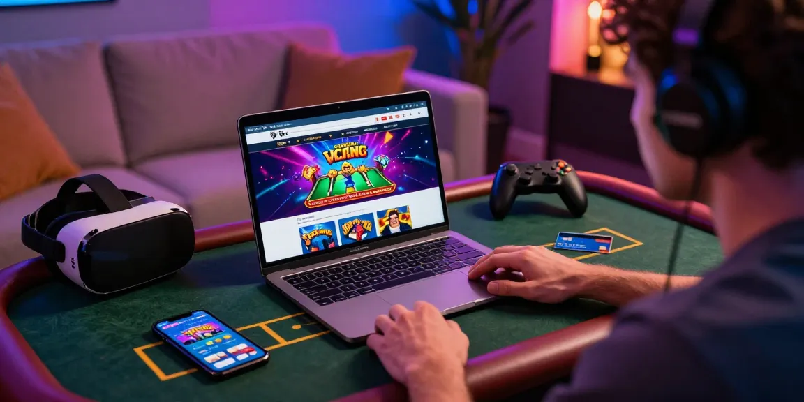 A player enjoying gaming at credit card casinos on https://euf.co.uk with a laptop and gaming accessories, showcasing vibrant graphics and an inviting atmosphere.