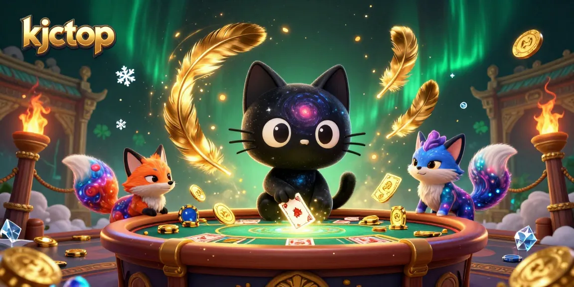 Kjctop's captivating cosmic casino scene features a black hole cat and nebula fox amid golden chips and vibrant colors.